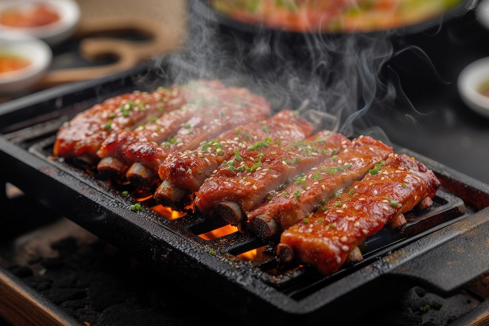 Korean pork rib grill cooking grilling smoke.
