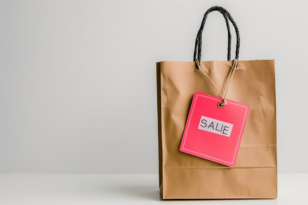 Shopping bag with sale label handbag white background consumerism.