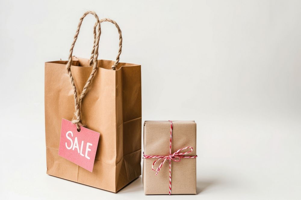 Shopping bag and gift with sale label cardboard handbag box.