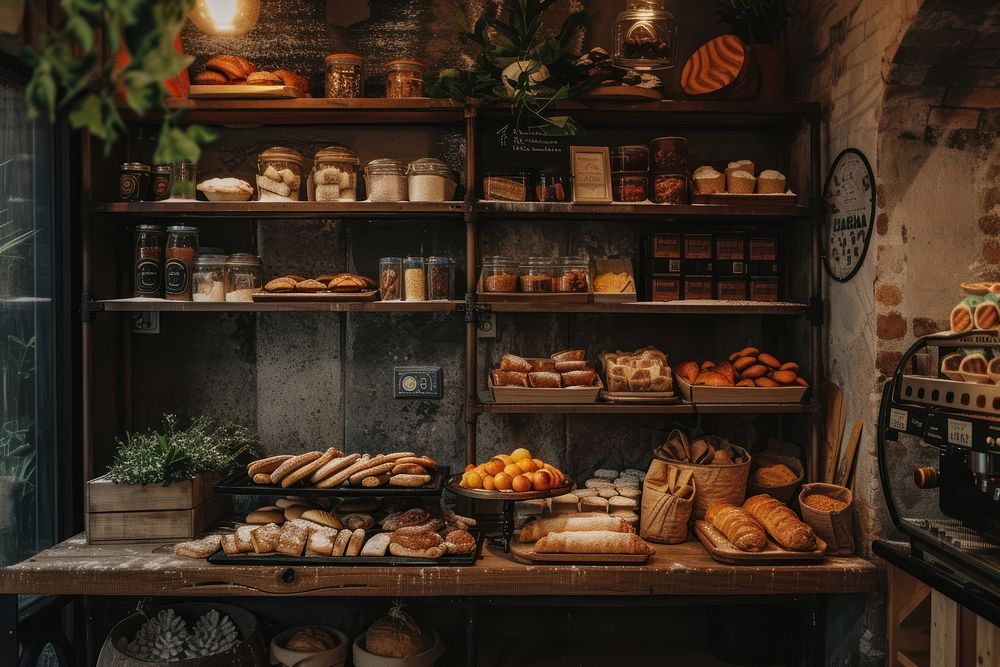 Bakery shop bread food arrangement.