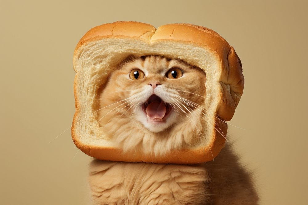 Cat wear big slice of bread on face portrait mammal animal.