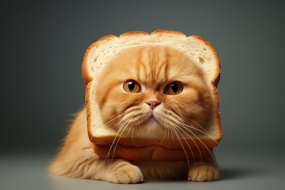 Cat wear big slice of bread on face animal mammal food.