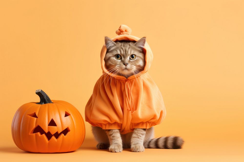 Cat wearing pumpkin costume halloween mammal animal.
