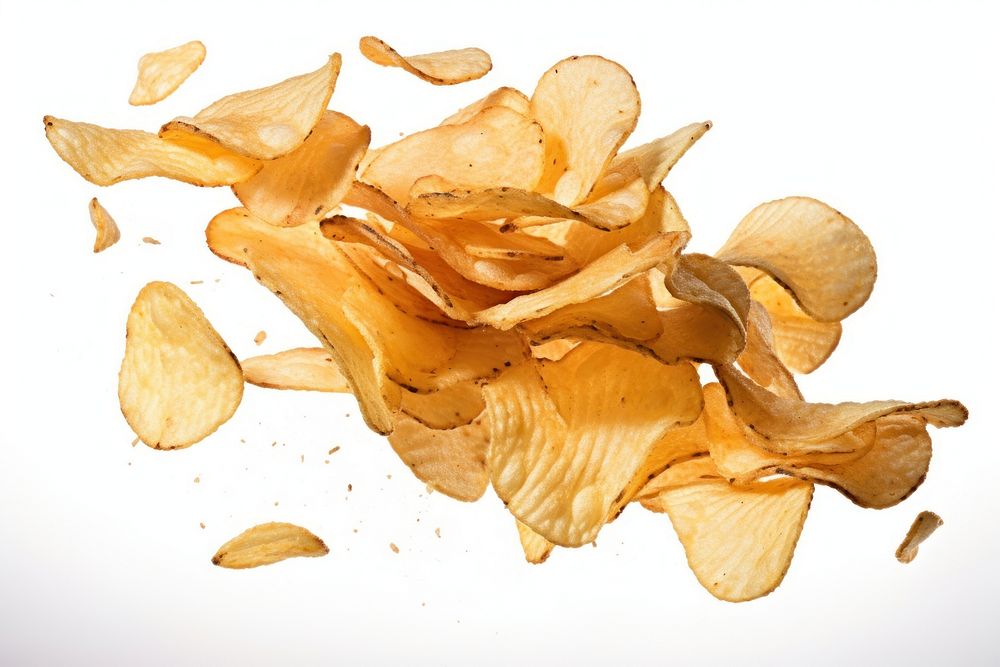 Chips floating out of chip bag petal white background freshness.