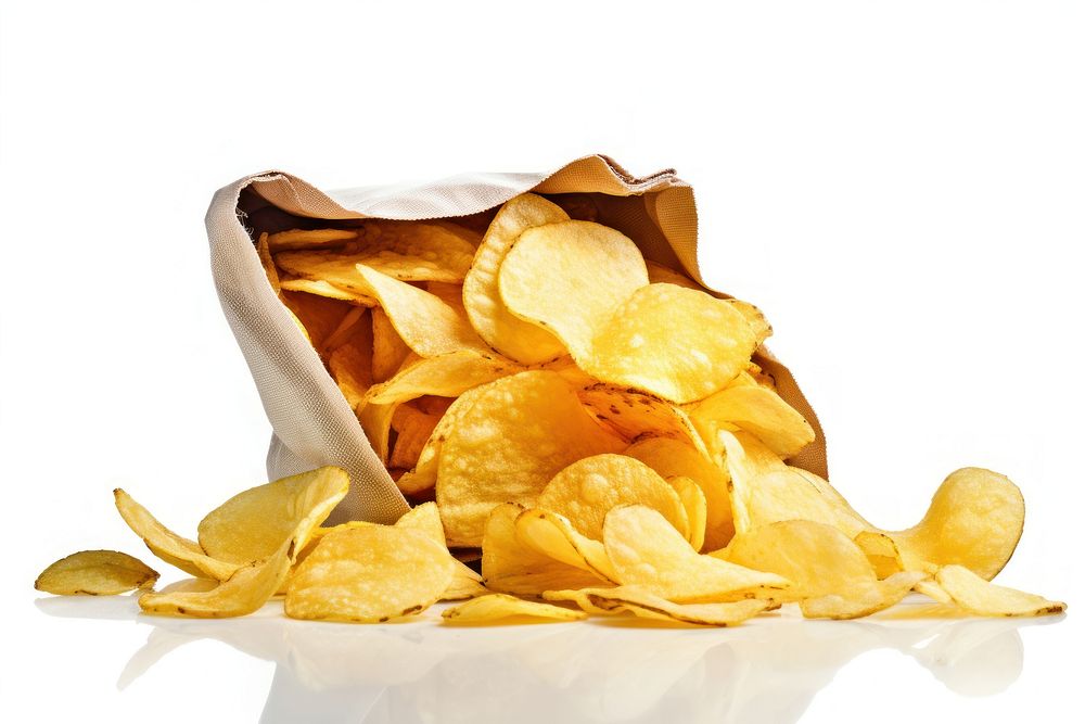 Chips popping out of chip bag snack food white background.