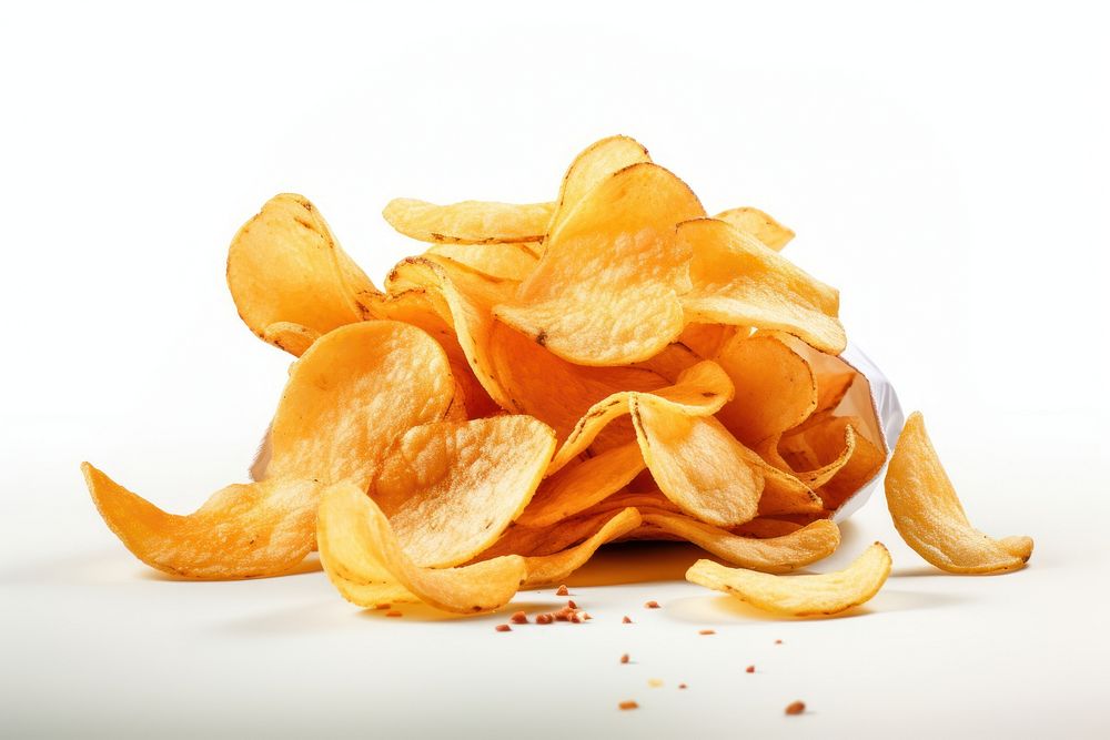 Chips popping out of chip bag food white background freshness.
