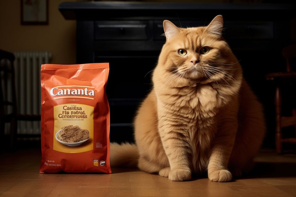 Chubby orange cat sitting next to cat food bag animal mammal pet.