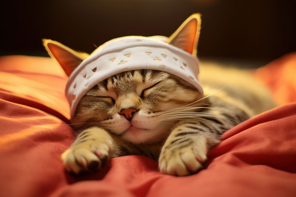 Cute cat sleep on bed sleeping blanket animal.