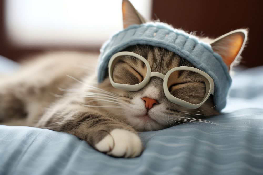Cute cat sleep on bed sleeping glasses blanket.