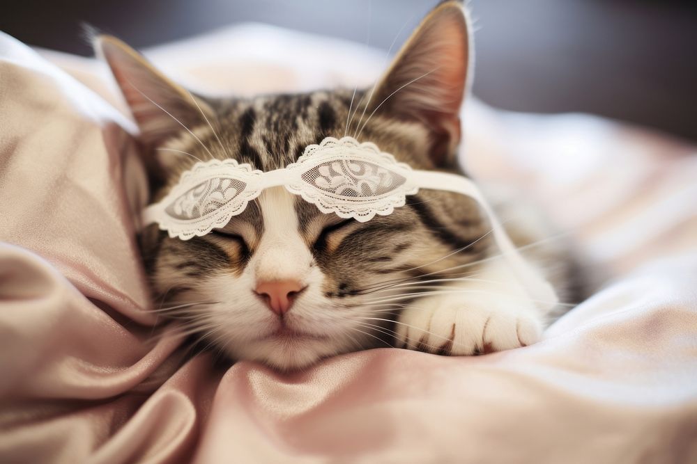 Cute cat sleep on bed blanket animal mammal.
