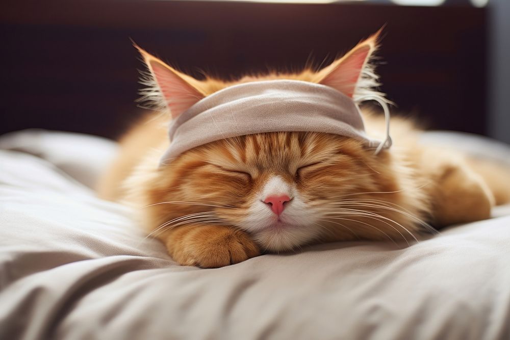 Cute fluffy cat sleep on bed furniture sleeping animal.