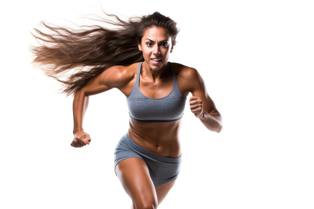 Fitness woman running jogging adult white background.