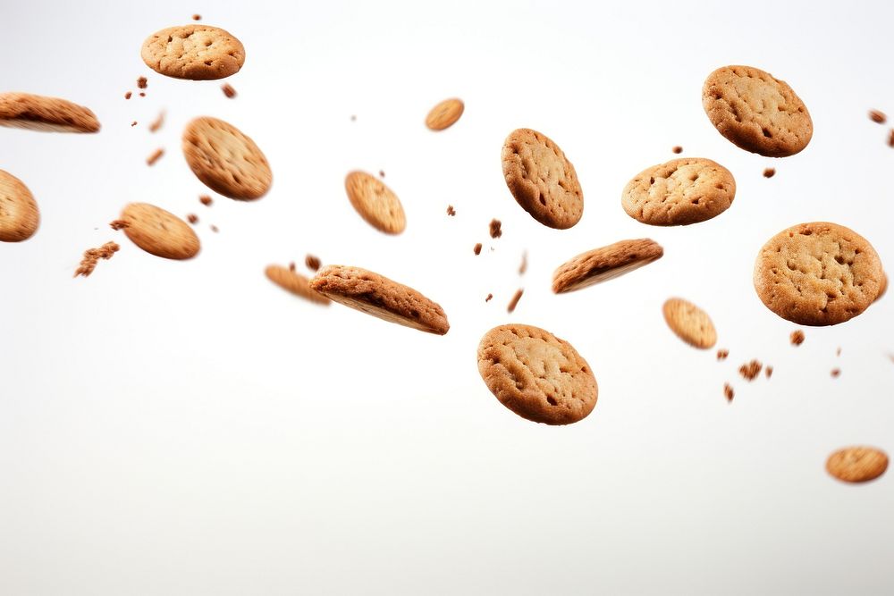 Photo of flying cookies food white background chocolate.