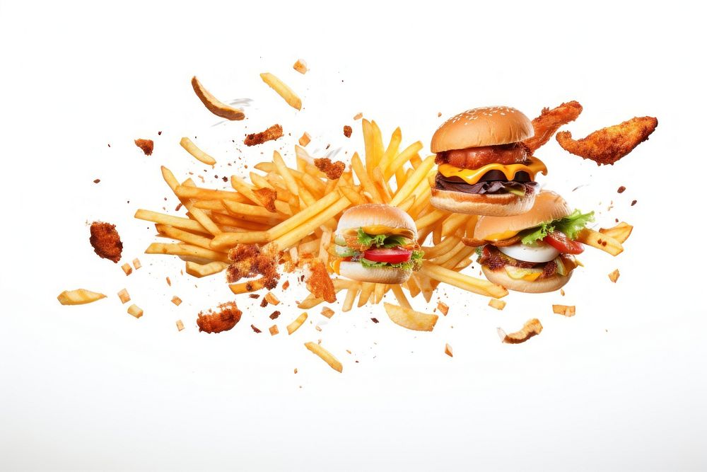 Photo of flying fast foods meal white background hamburger.