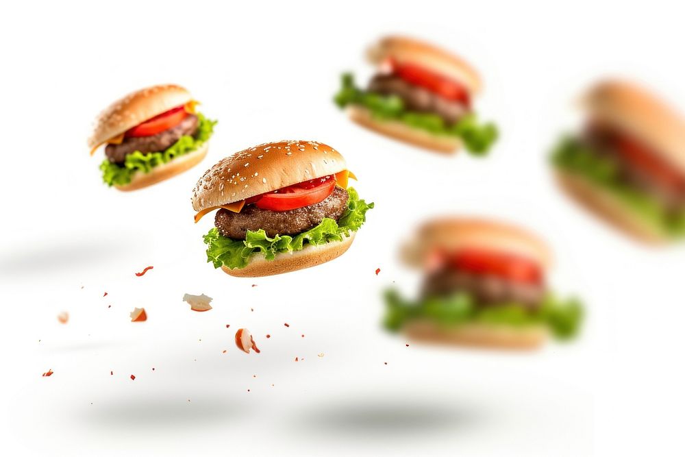 Photo of flying hamburgers food meal white background.