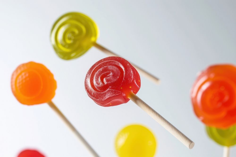 Photo of flying lollipops confectionery candy food.