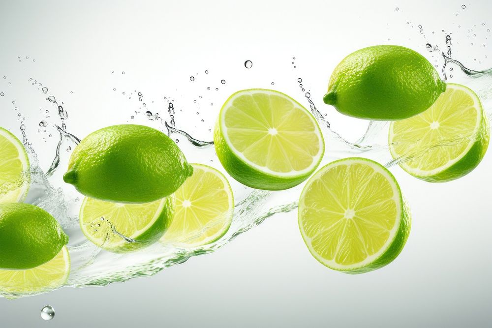 Photo of flying limes fruit food refreshment.