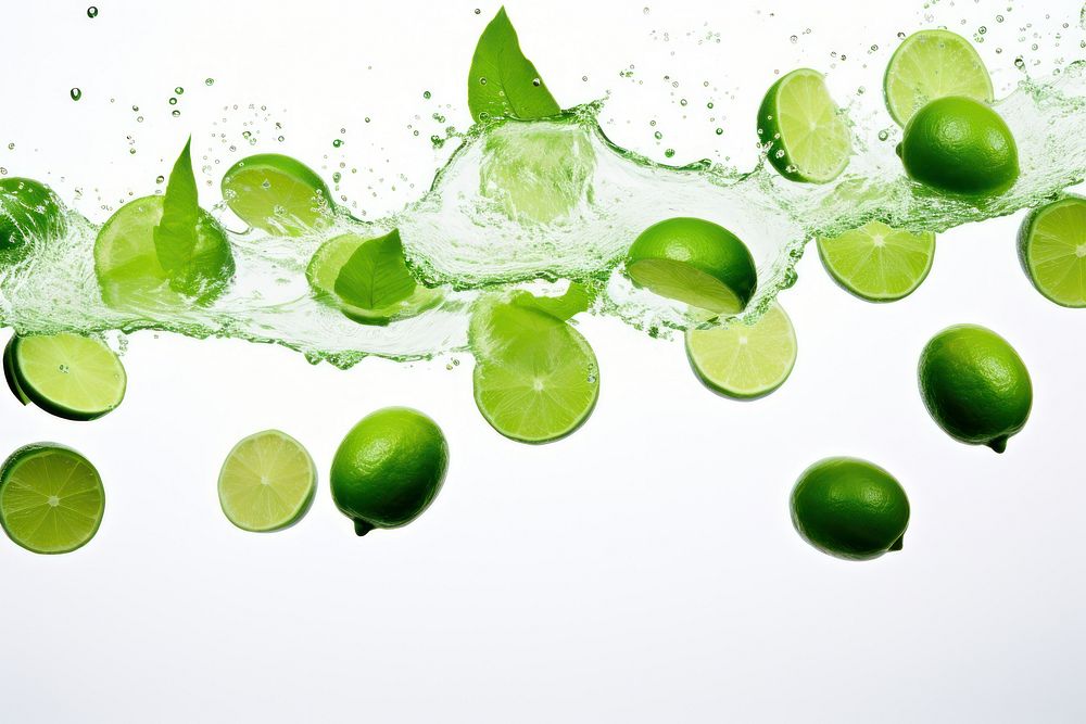 Photo of flying limes backgrounds fruit plant.