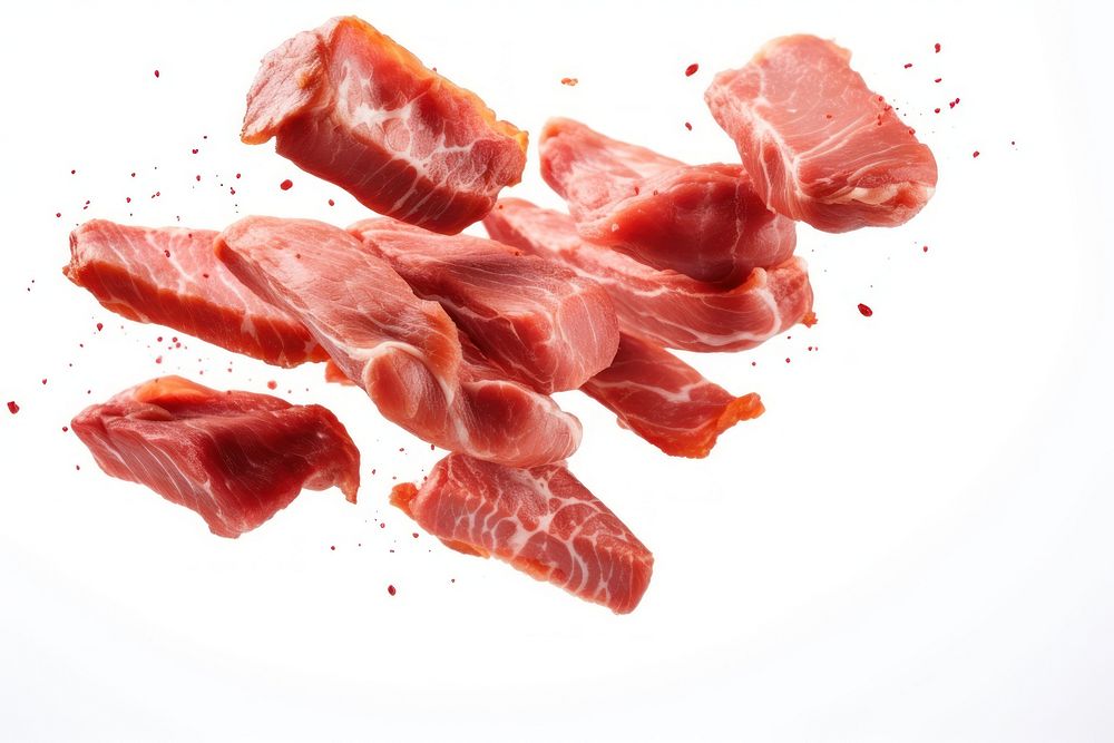 Photo of flying meats pork beef food.