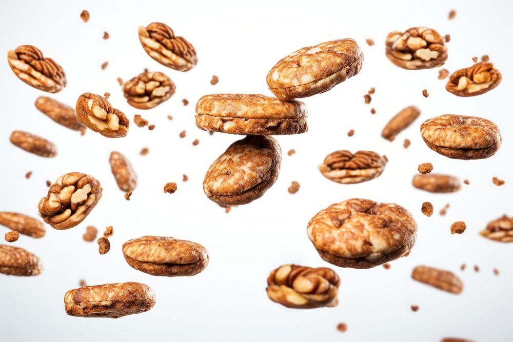 Photo of flying nut snacks food seed white background.