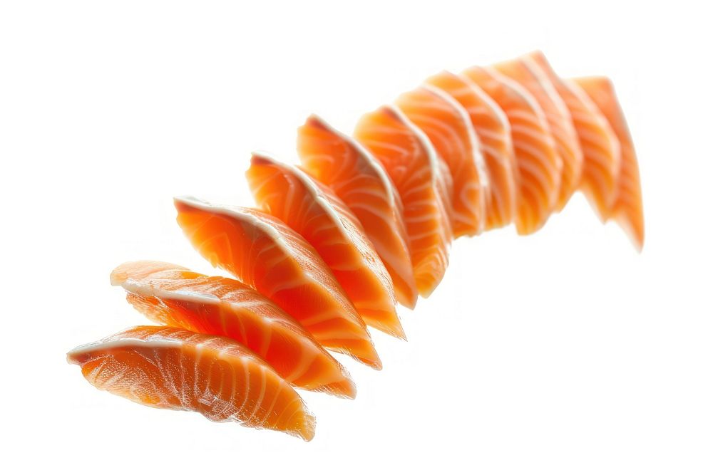 Photo of flying salmons sashimi seafood white background prosciutto.