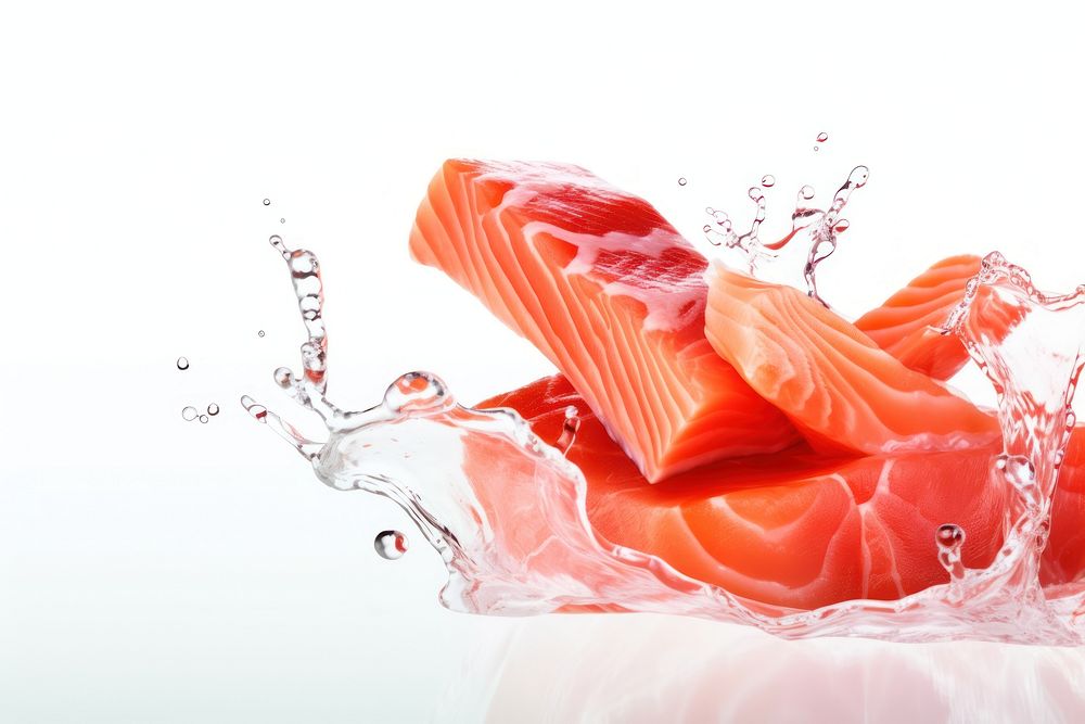 Photo of flying salmons sashimi food red white background.