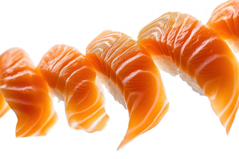 Photo of flying salmons sashimi seafood dish white background.