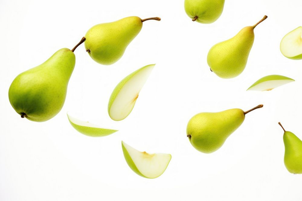 Photo of flying pear slices fruit plant food.