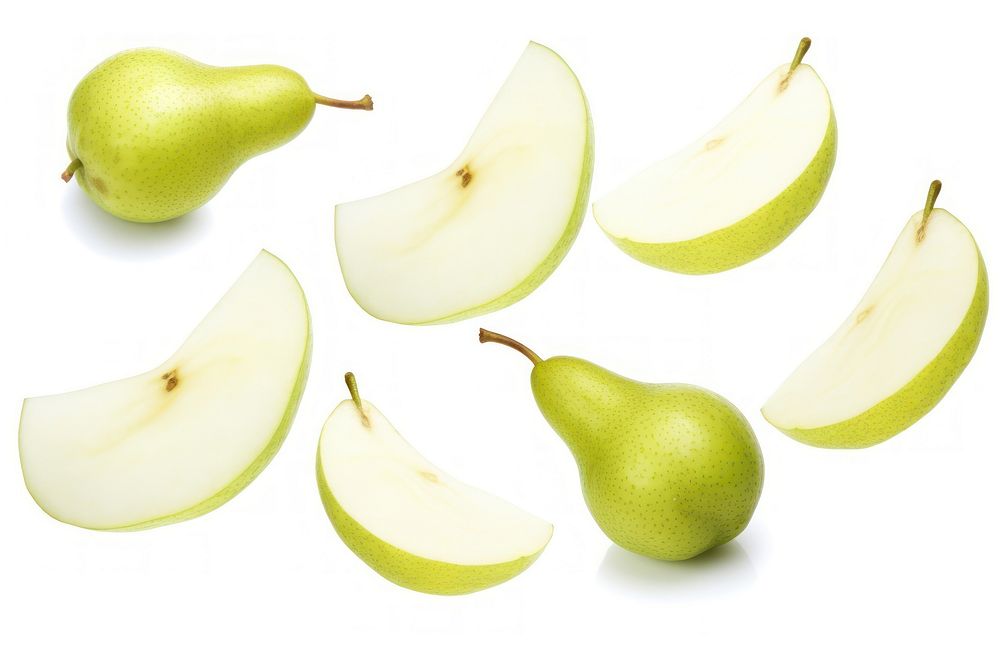 Photo of flying pear slices fruit plant food.