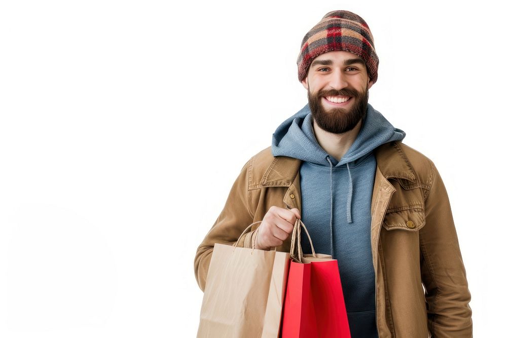 Happy men holding shopping bag adult white background consumerism.