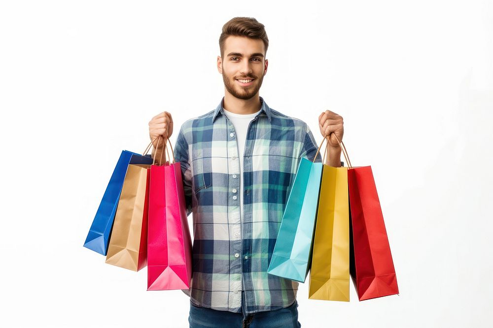 Happy men holding shopping bag adult white background consumerism.