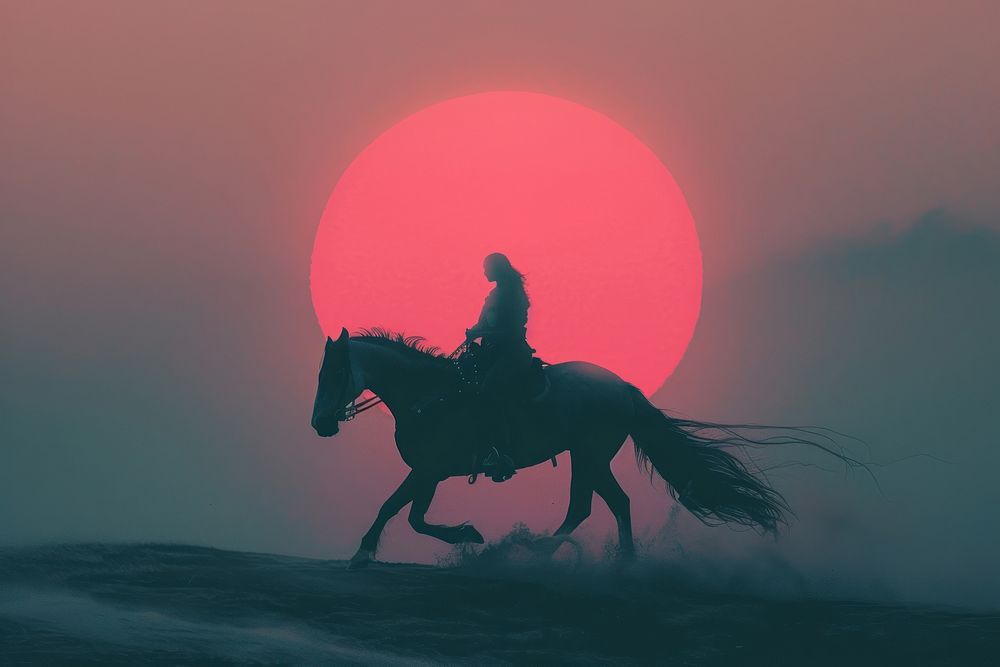 Horseback woman riding on galloping horse animal mammal red.