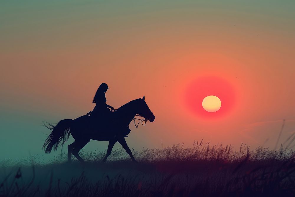 Horseback woman riding on galloping horse horizon mammal animal.