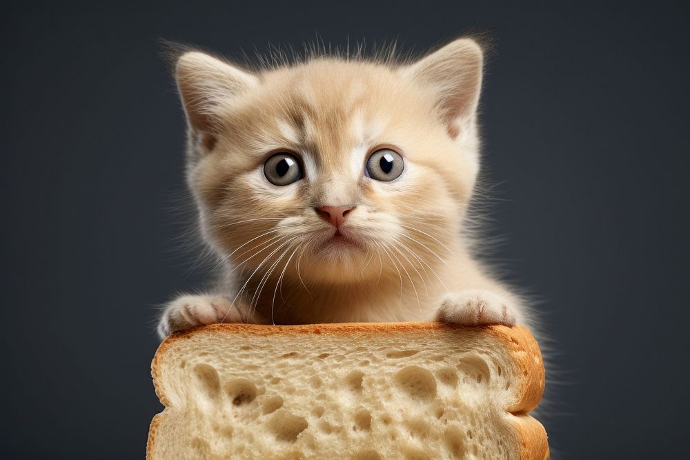 Kitten wear big slice of bread on face animal mammal food.