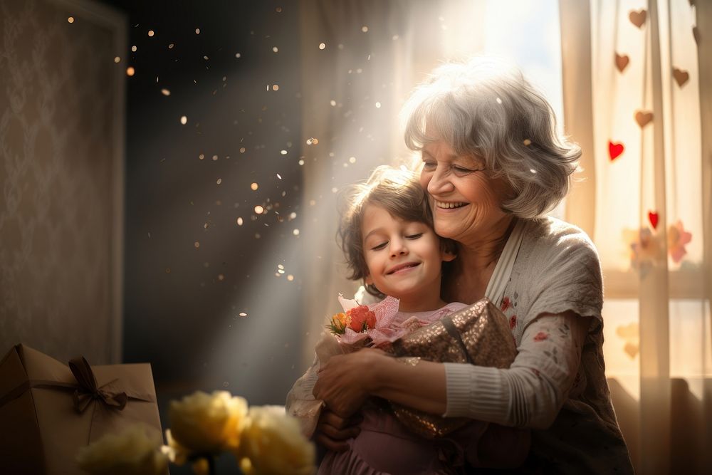 Little boy hug her grandmother portrait light adult.