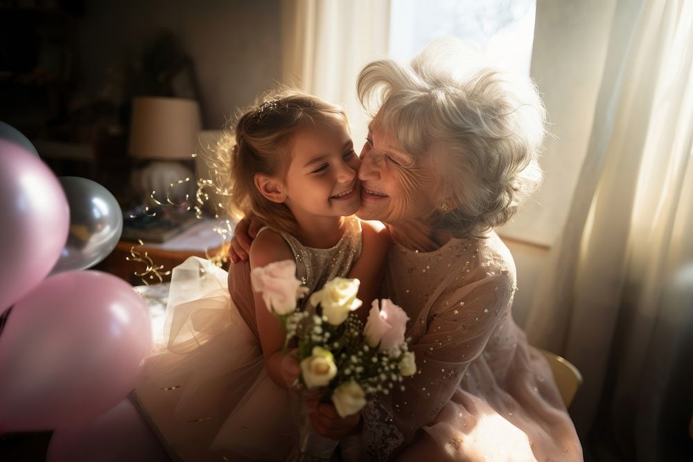 Little girl hug her grandmother portrait wedding kissing.