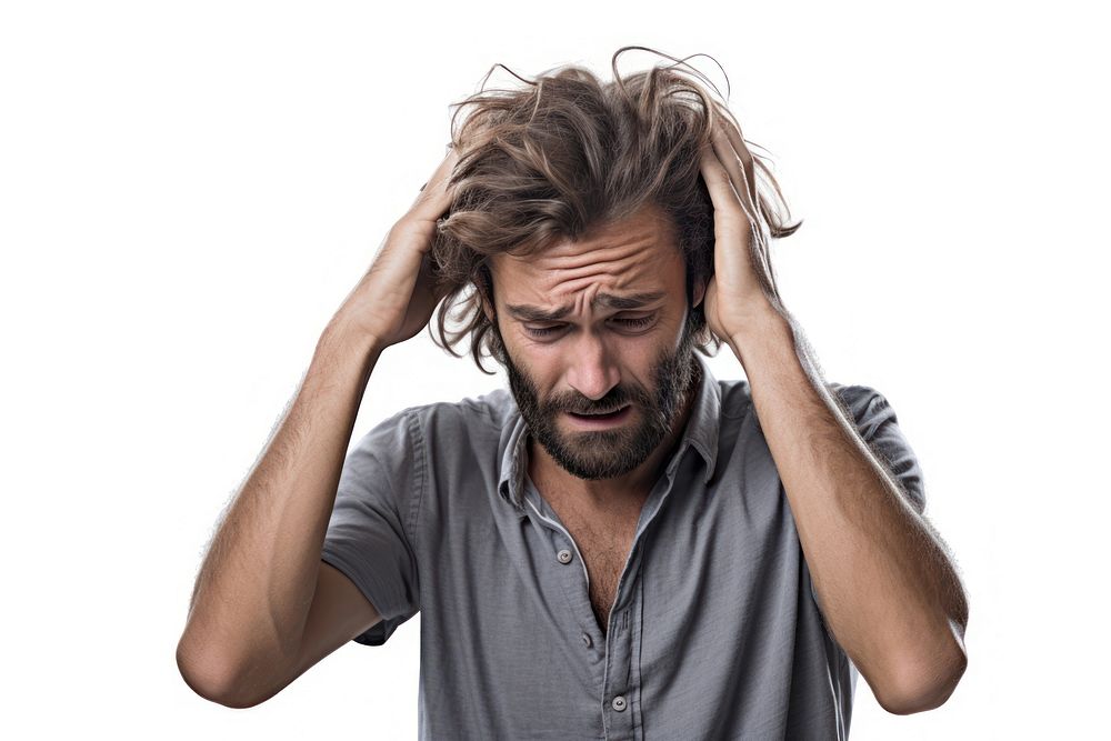 Man stressed worried adult white background.