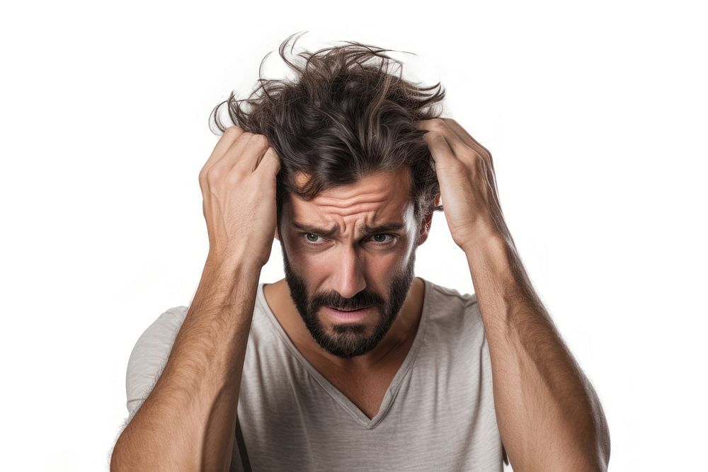 Man stressed worried adult white background.