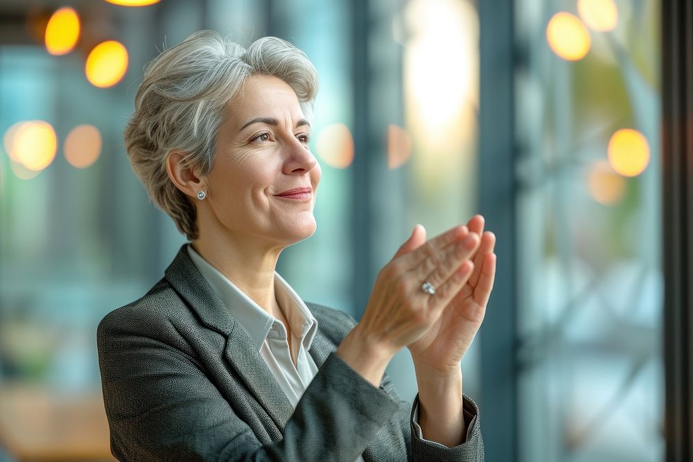 Mature businesswoman wearing a suit clapping adult hand.