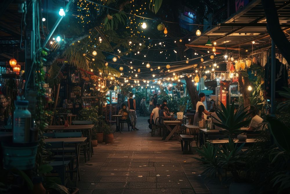 Night market lighting street city.