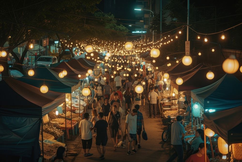 Night market lighting bazaar city.