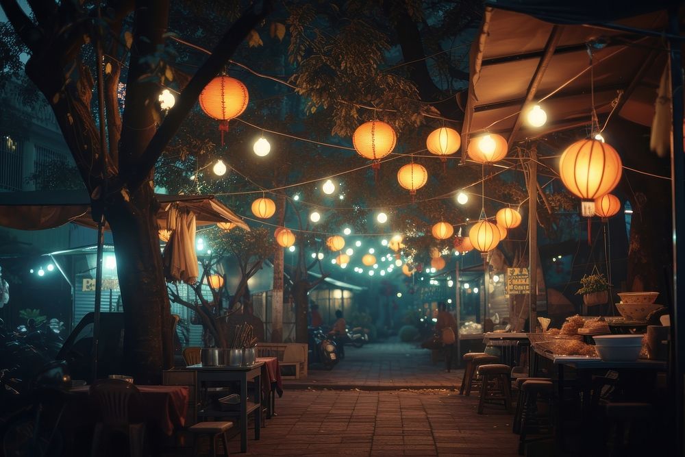Night market restaurant lighting street.