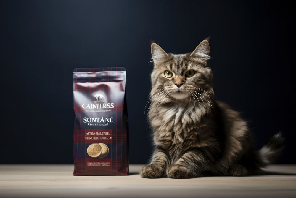 Scottish cat sitting next to cat food product bag animal mammal kitten.