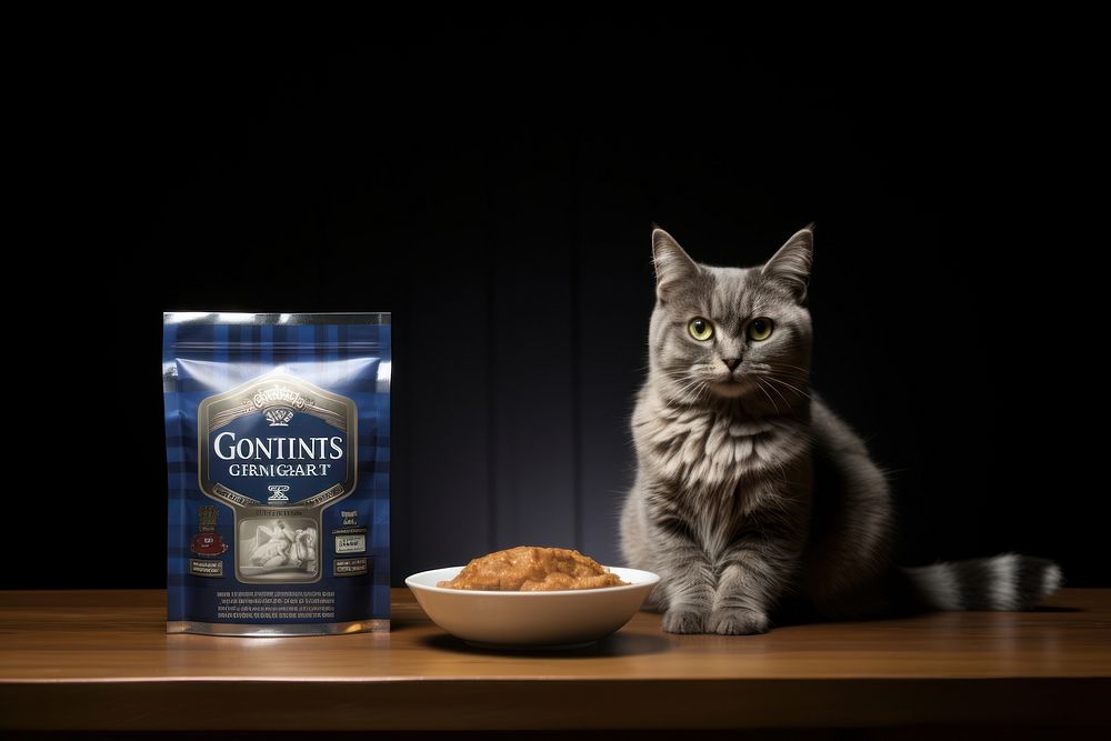 Scottish cat sitting next to cat food product bag animal mammal pet.