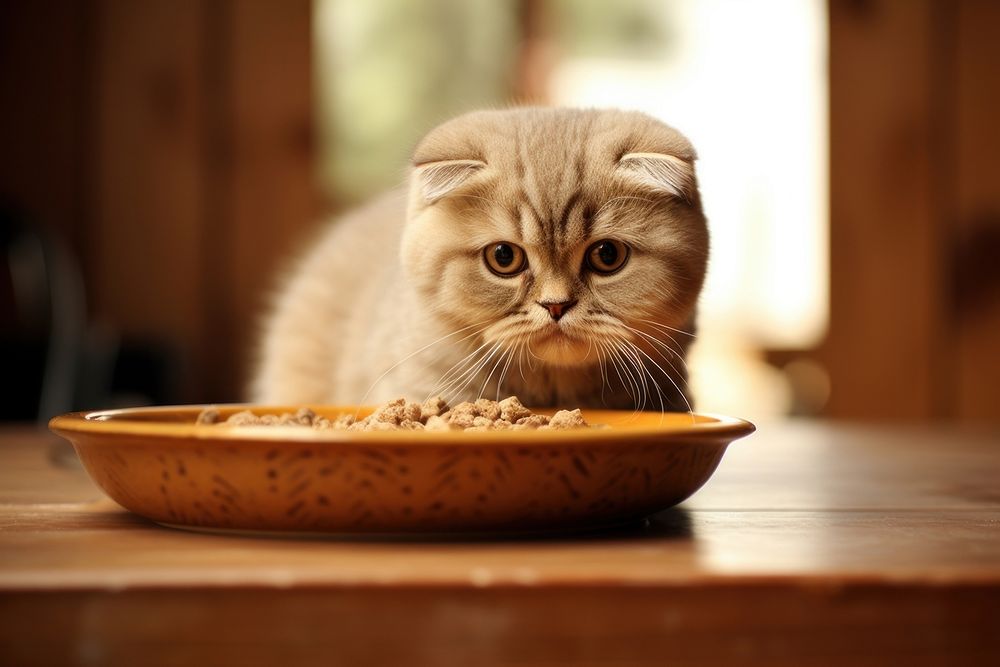 Scottish fold in cat food bowl animal mammal kitten.