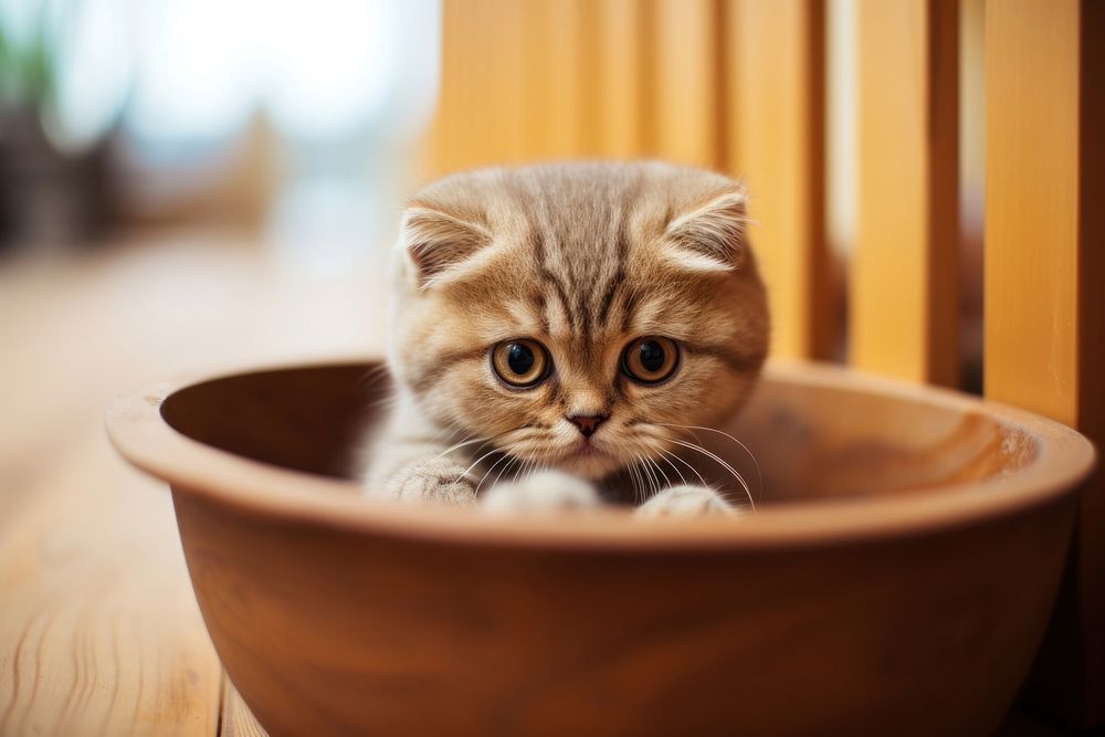 Scottish fold in cat food bowl mammal kitten animal.