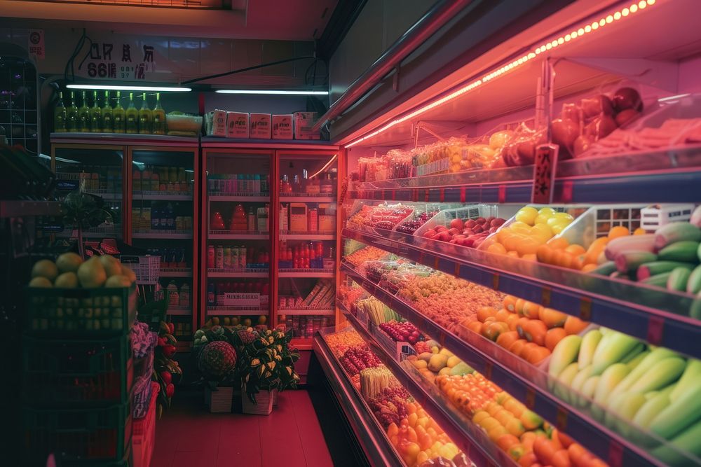 Supermarket illuminated arrangement greengrocer.