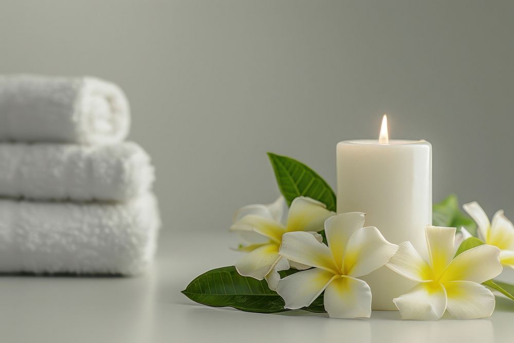 Spa towel white candle with frangipani flower plant freshness.