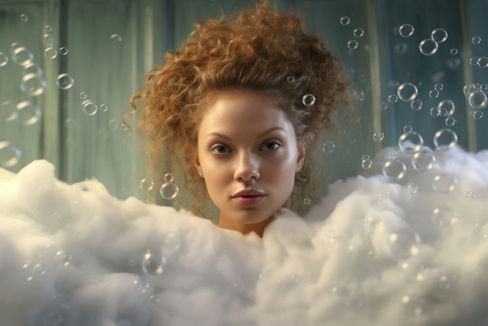 Woman in a bathtub portrait photo contemplation.