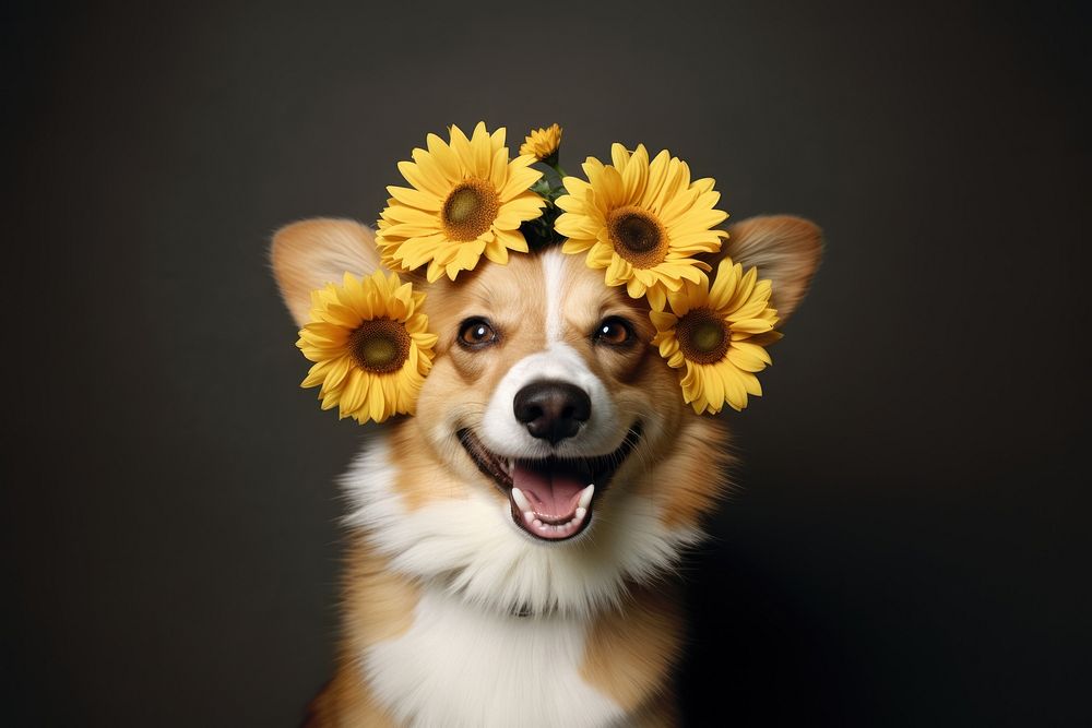 Cute dog with one flower on head portrait sunflower mammal.